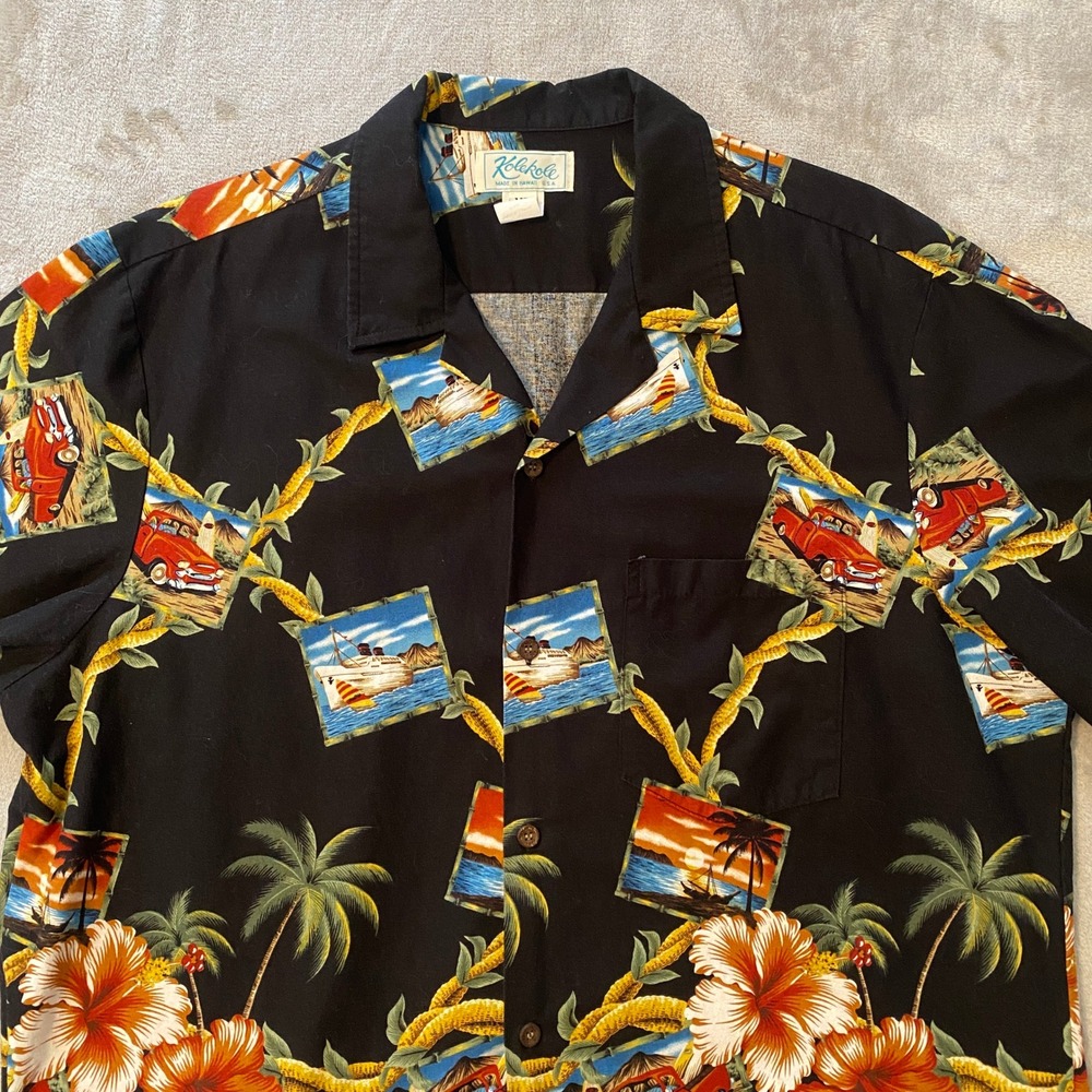 VTG Kolekole Button Up Mens XL Black Tropical Postcard Hibiscus‎ Hawaiian Shirt